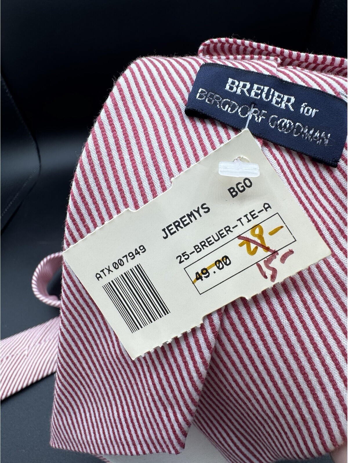 Breuer For Bergdorf Goodman Men’s Tie Red White Stripe Silk Cotton Italy Nwt — image 8 of 8